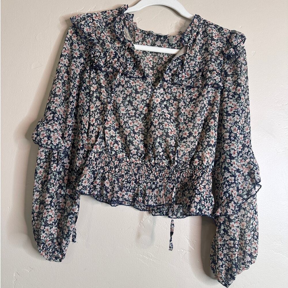 Dress Forum Chiffon Sheer Floral Smocked Waist Long Sleeve Blouse Small